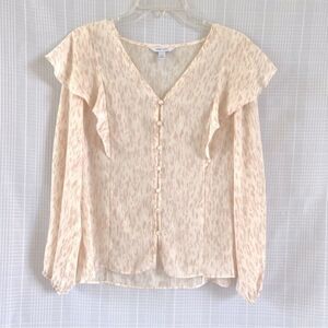 Nine West Ruffle Ling Sleeve Button Cream Blush Pink Semi Sheer Blouse